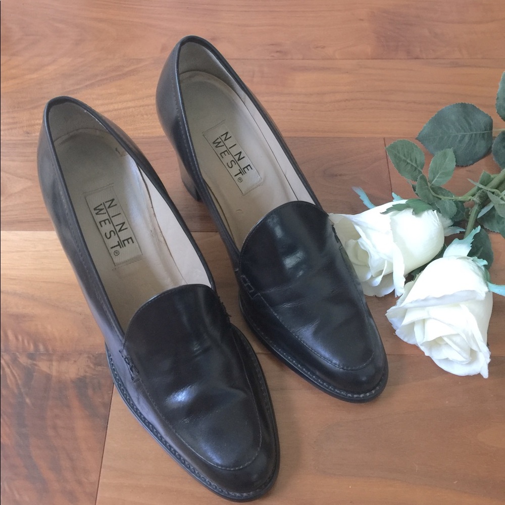 Nine West black shiny real leather loafers shoes Comfy block heels US Size 9.5